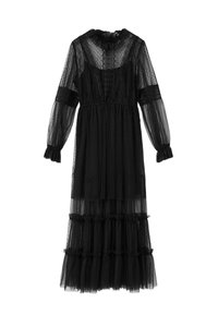 Μαύρο διάφανο μακρυμάνικο μίντι φόρεμα με πουά, δαντελένιες λεπτομέρειες, βολάν στις μανσέτες, ψηλό λαιμό και στρωματοποιημένη φούστα.
