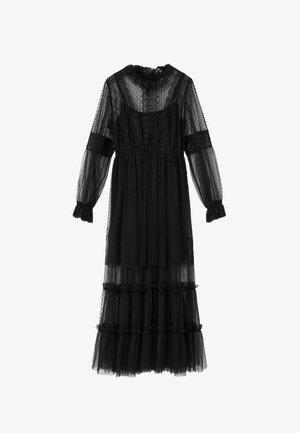 Czarna prześwitująca sukienka midi z długim rękawem w groszki, z koronkowymi detalami, marszczonymi mankietami, wysokim dekoltem i wielowarstwową spódnicą.