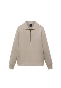 Pullover beige con collo a mezza zip, maniche lunghe, polsini a coste e vestibilità rilassata. Realizzato in un morbido tessuto texturizzato con una finitura liscia.