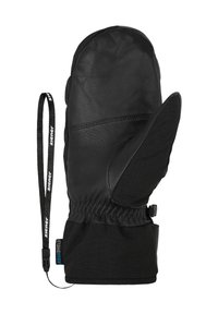 Schwarze Handschuhe aus Leder und Stoff, mit einem gerippten Bündchen, verstellbarem Riemen und einer glatten Textur mit einem schützenden Design.