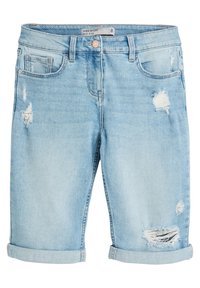 Vaaleansininen farkkukudottu polvihame, jossa on keskikorkea vyötärö, käännetyt lahkeet, kuluneet yksityiskohdat ja viisi taskua.