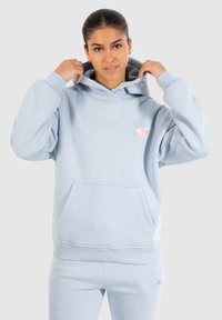 Sudadera azul claro de tela suave con un bolsillo frontal, capucha con cordón y un pequeño logo rosa en el pecho. Presenta puños y dobladillo acanalados.
