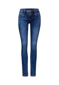 Kapeet farkut tummansinisestä denimistä, joissa on keskihaldellisuus, viisi taskua ja sileä pinta, jossa on hienovaraisia haalistumisia ja ompeluyksityiskohtia.