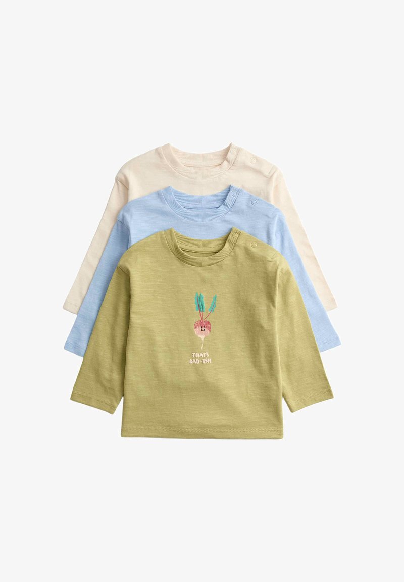 Three long-sleeve baby shirts in beige, light blue, and olive green with shoulder snaps; olive shirt has a radish graphic and "That's rad-ish" text.
