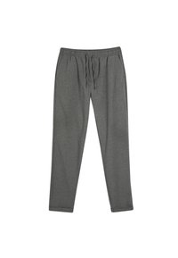 Pantalones grises ligeros con cintura elástica y cordón, piernas ajustadas, textura suave y sin patrones visibles ni elementos metálicos.