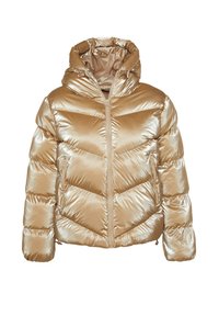 Giacca puffer dorata con finitura lucida, dotata di cappuccio, chiusura con zip e motivo a chevron. Include tasche laterali e orlo elasticizzato.