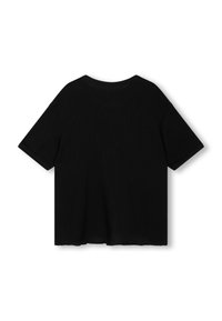Maglietta nera a maniche corte con vestibilità rilassata, tessuto testurizzato, scollatura a costine e bordi grezzi all'orlo. Design semplice e versatile.