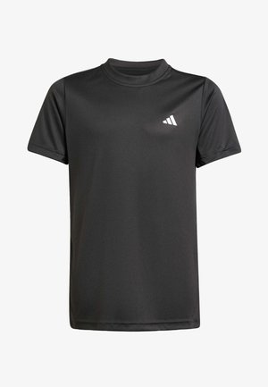 Zwarte sportieve t-shirt met korte mouwen, gemaakt van een soepele stof, met een ronde halslijn en een klein wit logo op de bovenste linkerkant.