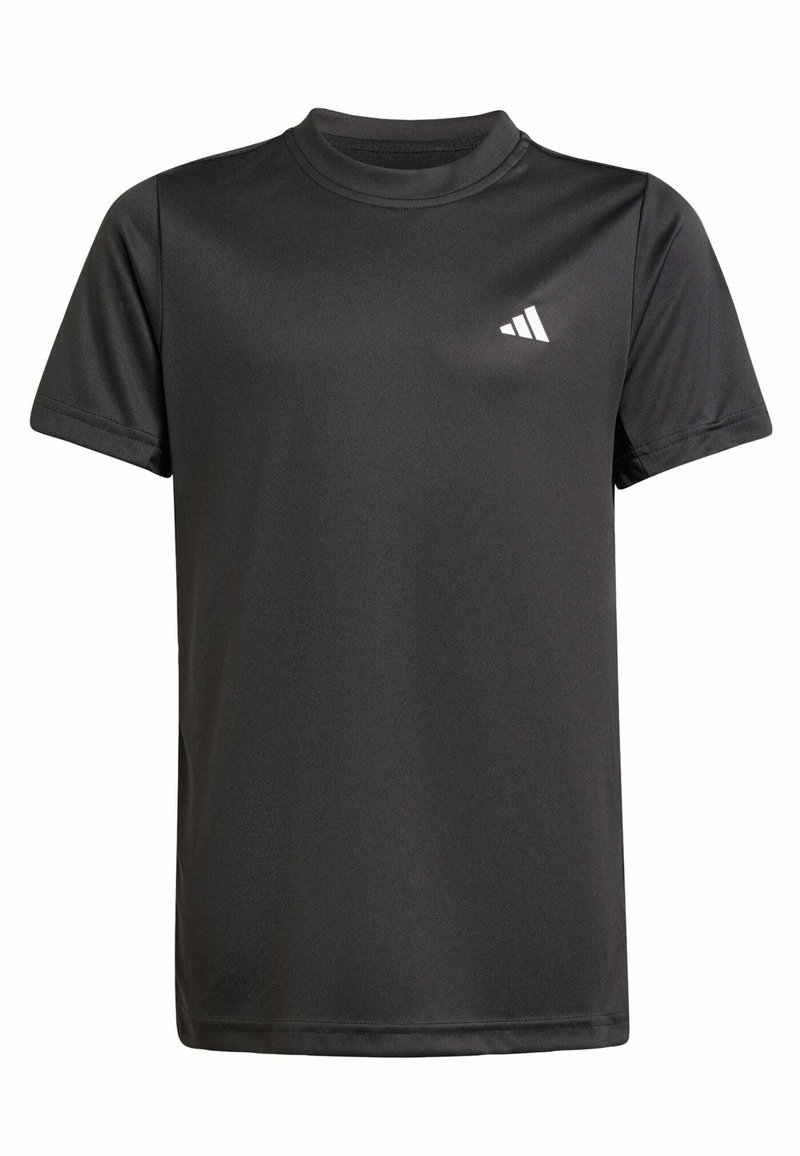 Czarny sportowy t-shirt z krótkim rękawem, wykonany z gładkiego materiału, z okrągłym dekoltem i małym białym logo na górnej lewej stronie.