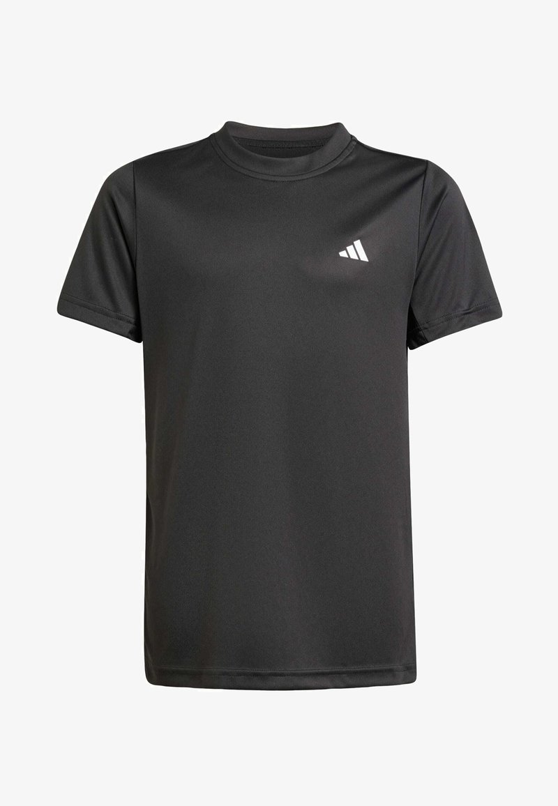 Schwarzes kurzärmliges Sport-T-Shirt aus glattem Stoff, mit runder Ausschnitt und einem kleinen weißen Logo auf der oberen linken Seite.