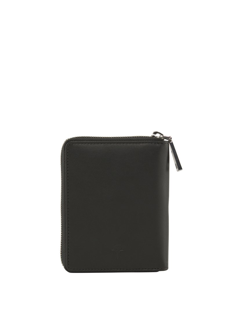 Black leather wallet with a smooth texture, rectangular shape, and zip closure. Features a subtle logo embossed on the front.