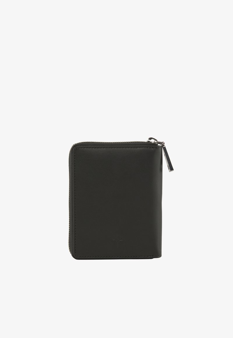Black leather wallet with a smooth texture, rectangular shape, and zip closure. Features a subtle logo embossed on the front.