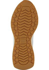 Suola in gomma marrone con pattern di grip testurizzati e accenti circolari. Presenta il logo in rilievo "GEOX ITALIAN PATENT". Adatta per calzature.