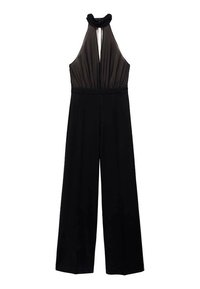 Zwarte jumpsuit met halternek, voorzien van een doorschijnende lijfje en wijde broekspijpen. Glad textuur met geplooide details bij de taille.