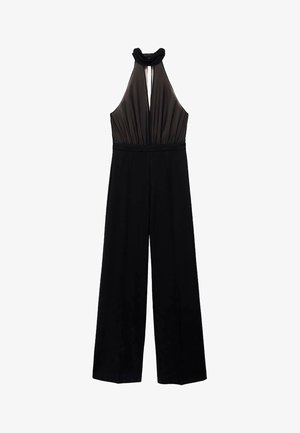 Tuta nera con scollo all'americana, caratterizzata da un corpino trasparente e pantaloni a gamba larga. Texture liscia con dettagli arricciati in vita.