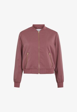 Różowa bomberka z zamkiem z przodu, żeberkowym kołnierzem i mankietami oraz dwoma zasuwanymi kieszeniami. Gładki materiał z dopasowanym krojem.