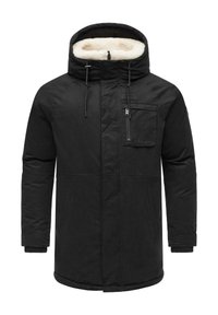 Chaqueta negra acolchada con capucha forrada de piel, cierre frontal con cremallera y botones, un bolsillo en el pecho con cremallera y bolsillos laterales. Tejido suave y duradero.