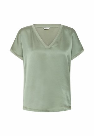 Blusa verde chiaro a scollo a V con maniche corte, realizzata in un tessuto morbido. Presenta una vestibilità rilassata e una leggera lucentezza. Nessun motivo o dettaglio visibile.