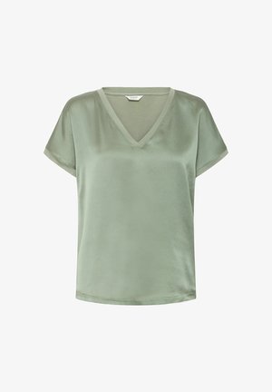 Helles grünes V-Ausschnitt-Blusenshirt mit kurzen Ärmeln, gefertigt aus einem glatten Stoff. Bietet eine lockere Passform und einen subtilen Glanz. Keine sichtbaren Muster oder Akzente.