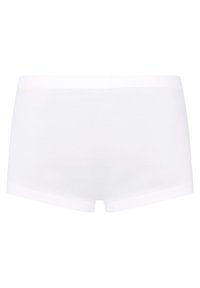 Valkoiset puuvillaiset hipster-shortsit, joissa on sileä rakenne ja joustava vyötärö, yksinkertaisella muotoilulla ilman näkyviä kuvioita tai koristeita.