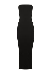 Abito midi senza spalline di colore nero realizzato in un tessuto liscio e elasticizzato. Silhouette aderente con scollo dritto e orlo fino a terra.