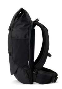 Black backpack with a sleek design, featuring a textured fabric, adjustable straps, and a side pocket. Compact shape with minimal accents.