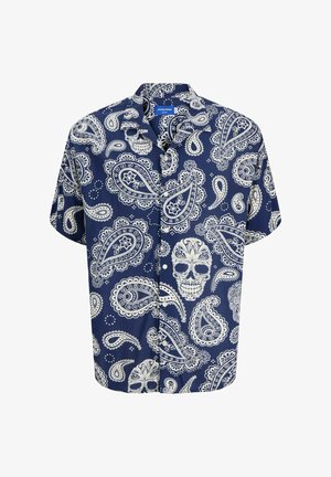 Rövid ujjú ing sötétkék anyagból, fehér paisley és koponya mintázattal. Klasszikus gallérral és gombos előlappal rendelkezik.