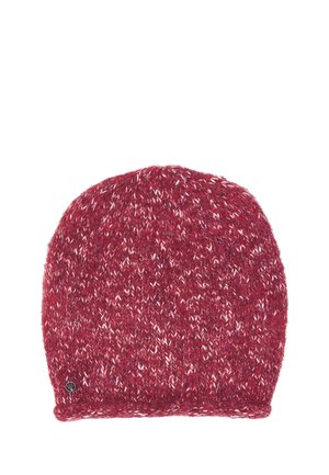 Red and white speckled knitted beanie hat with a small round black and white logo tag near the bottom edge.