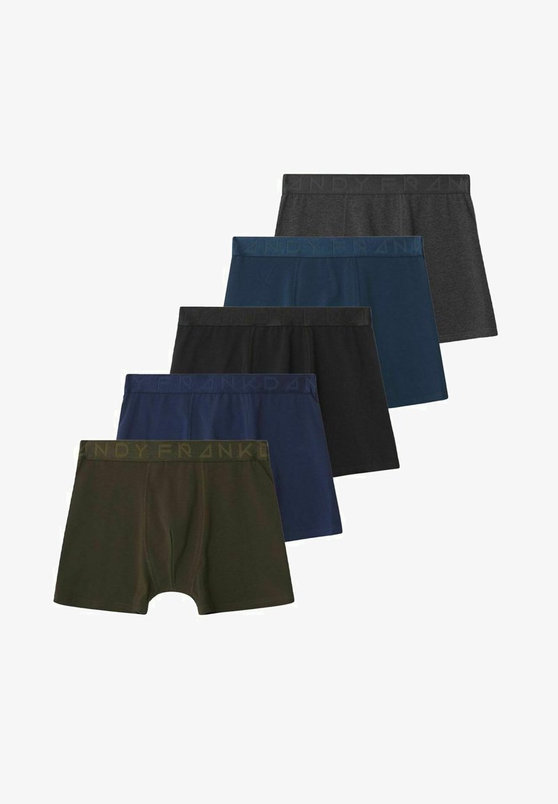 Viisi paria bokserialushousuja erilaisissa väreissä: vihreä, tummansininen, musta, tummanharmaa ja vaaleampi sininen. Jokaisessa on logo-nauha vyötäröllä.