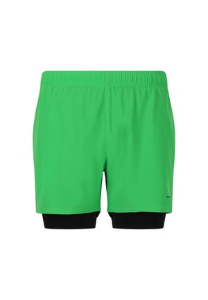 Grüne Sportshorts mit einem elastischen Bund, ausgestattet mit einer leichten Außenschicht und einem schwarzen Innenfutter. Glatte Textur und minimales Design.