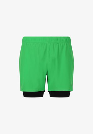 Grüne Sportshorts mit einem elastischen Bund, ausgestattet mit einer leichten Außenschicht und einem schwarzen Innenfutter. Glatte Textur und minimales Design.