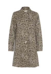 Jacka med leopardmönster i beige och bruna nyanser. Har långa ärmar, krage och framknäppning med knappar. Tillverkad av bomullsblandat tyg.