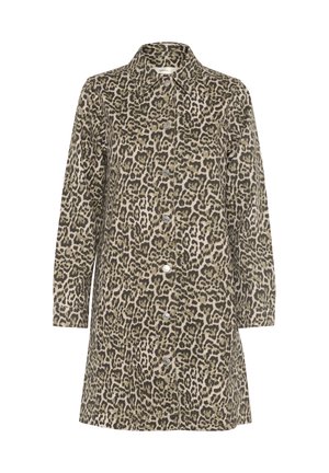Kostkovaná košile s leopardím vzorem v béžových a hnědých tónech. Má dlouhé rukávy, límeček a uzavírá se na přední knoflíky. Materiál je směs bavlny.