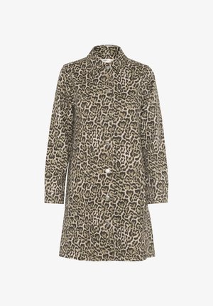 Leopardenmuster Hemdjacke in Beigetönen und Braun. Mit langen Ärmeln, einem Kragen und vorderen Knopfverschlüssen. Aus einem Baumwollmischgewebe.