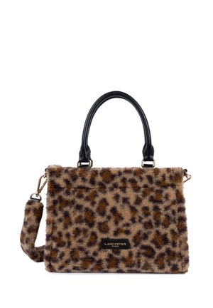 Leopard-print handbag made of soft, textured material. Features a black top handle, detachable strap, and gold-tone accents.