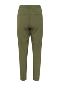 Olive green trousers with a relaxed fit, elastic waistband, and two back pockets. Smooth texture with a tapered ankle design.