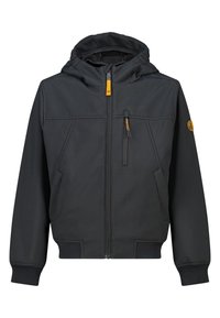 Schwarze Kapuzenjacke aus weichem Material mit Reißverschluss, seitlichen Taschen und einem Abzeichen auf dem linken Ärmel.