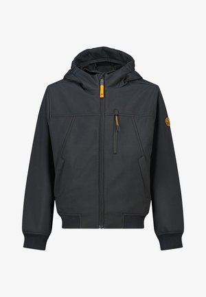 Schwarze Kapuzenjacke aus weichem Material mit Reißverschluss, seitlichen Taschen und einem Abzeichen auf dem linken Ärmel.