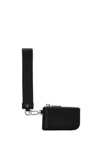 Black zippered wallet in fabric with a silver clip. Features a sturdy wrist strap and a subtle logo on the front. Compact design.