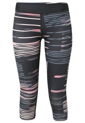 Schwarze, kurze Leggings mit abstrakten horizontalen Streifen in Pink, Grau und Blau, mit hohem Bund und enger Passform.