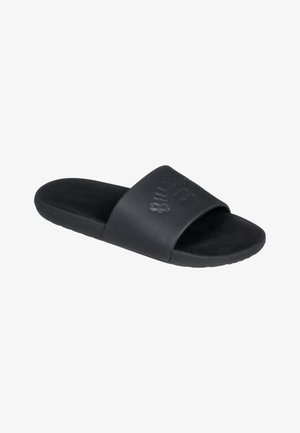 Black slide sandal made of smooth, matte synthetic material. Features a wide strap with embossed logo, cushioned footbed, and textured sole.