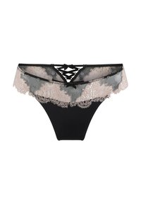 Zwarte thong met ingewikkelde naadloze kanten rand in huidskleur, voorzien van een doorschijnende tailleband en kruislings detail aan de achterkant. Gladde stof met bloemenpatronen.