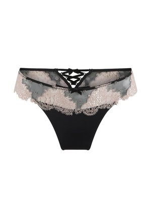 Zwarte thong met ingewikkelde naadloze kanten rand in huidskleur, voorzien van een doorschijnende tailleband en kruislings detail aan de achterkant. Gladde stof met bloemenpatronen.