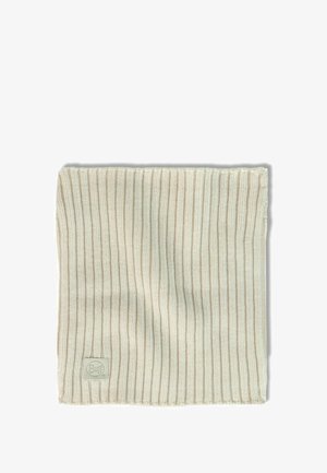Beige ribbed neck warmer with a soft texture, featuring subtle stripes and a Buff logo tag at the bottom corner.
