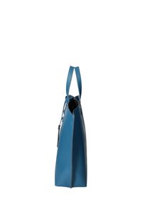 Blauwe leren tote bag met dubbele handvatten, elegante vorm, opening aan de bovenkant en contrasterende stiksels. Inclusief een afneembaar ritsvakje.