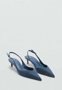 Talons slingback en denim bleu avec un bout pointu, un talon bas et une fine bride à la cheville. La texture est lisse avec un léger éclat.