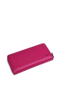 Magenta zip-around wallet made of smooth synthetic leather, rectangular shape, featuring a minimalist design and subtle stitching details.