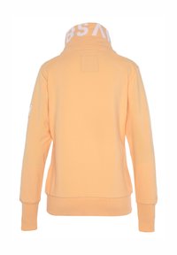 Pullover arancione chiaro con colletto alto e testo bianco all'altezza del collo. Presenta un dettaglio a patch quadrato sul retro e polsini a costine.