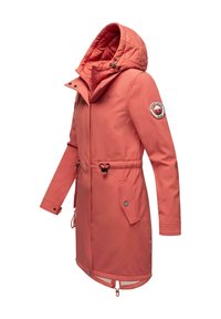 Coral outdoor jacket with a quilted hood, adjustable drawstring waist, snap button closure, and logo patch on the left sleeve.