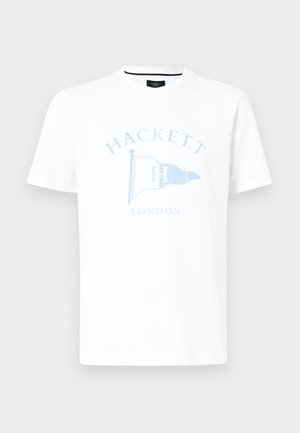 White cotton t-shirt with a light blue printed logo featuring a flag and "Hackett London" text. Short sleeves and a crew neck design.